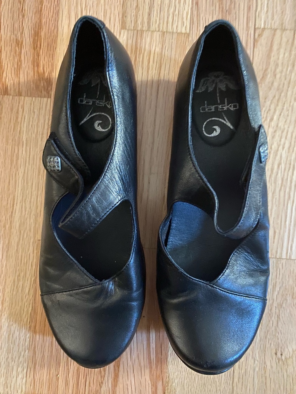 Dansko Black Leather Mary Jane Flats with Decorative Button